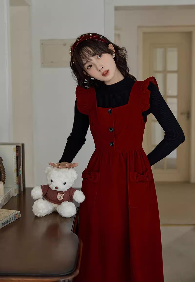 Velvet Frilly Bow Pinafore Dress (Red)