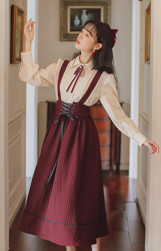 Long Sleeve Crepe Suspender Skirt Set (2 Colors)