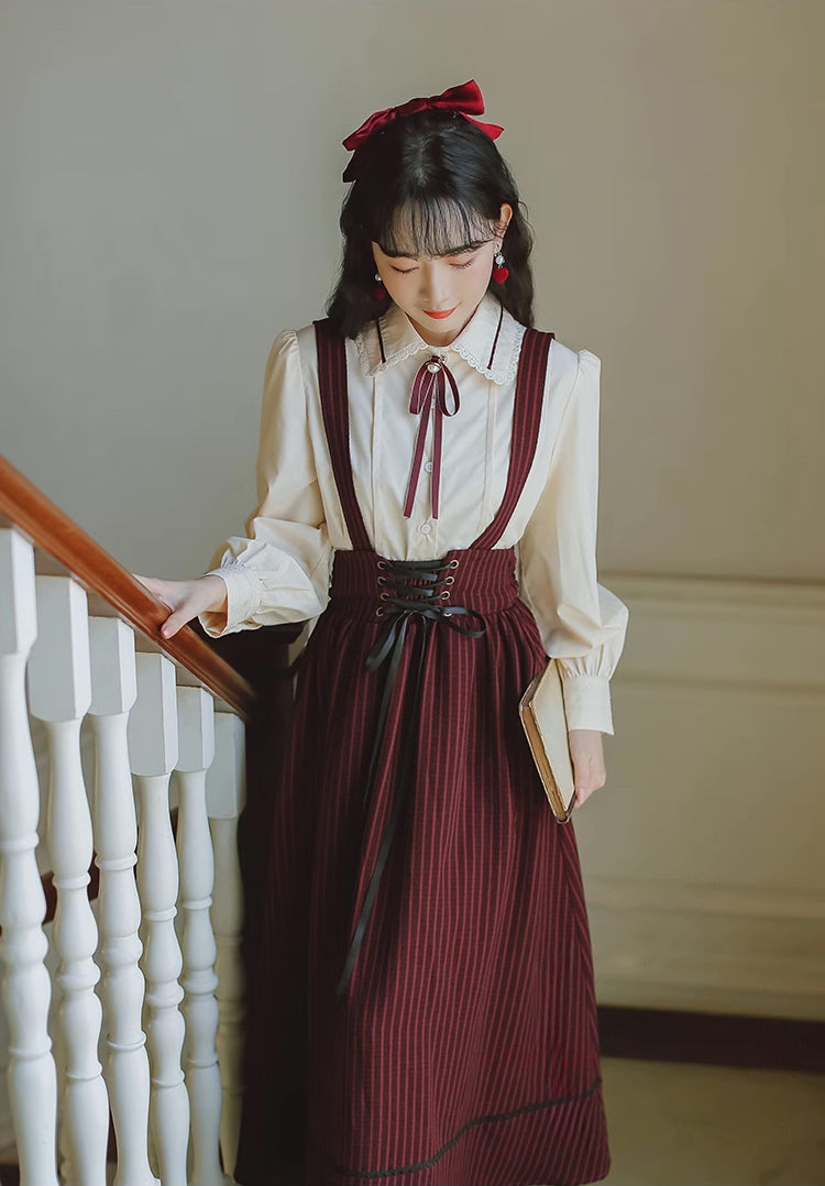 Long Sleeve Crepe Suspender Skirt Set (2 Colors)