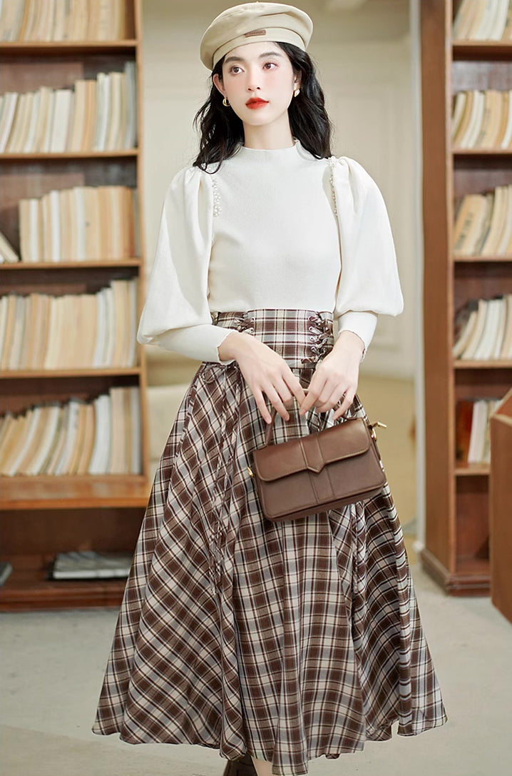 Choco Plaid Midi Skirt (Brown)