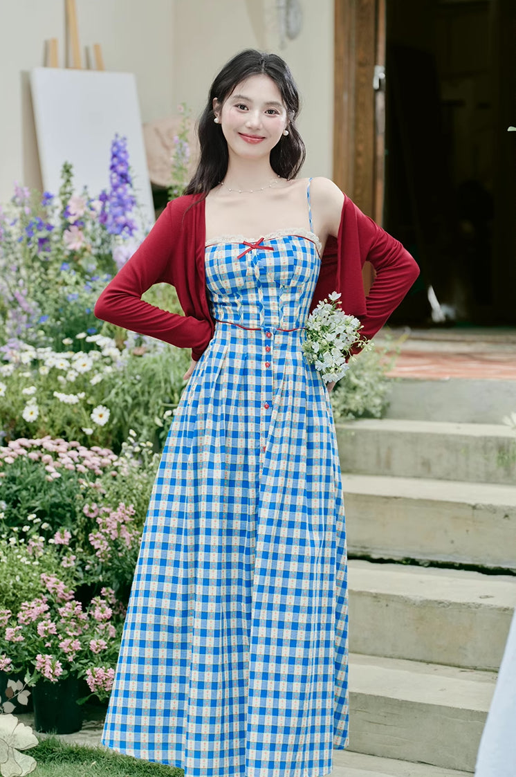 Vintage Gingham Floral Cami Dress (Blue)