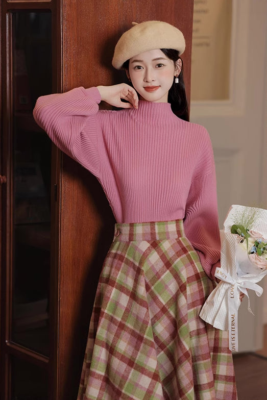 Strawberry Matcha Sweater & Midi Skirt Set (Pink/Green)