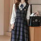 Oxford Plaid Midi Pinafore & Blouse Set (Navy)