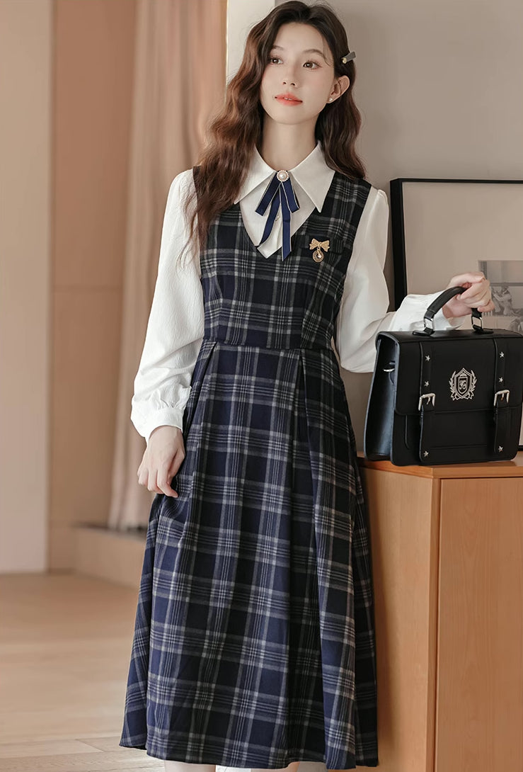 Oxford Plaid Midi Pinafore & Blouse Set (Navy)