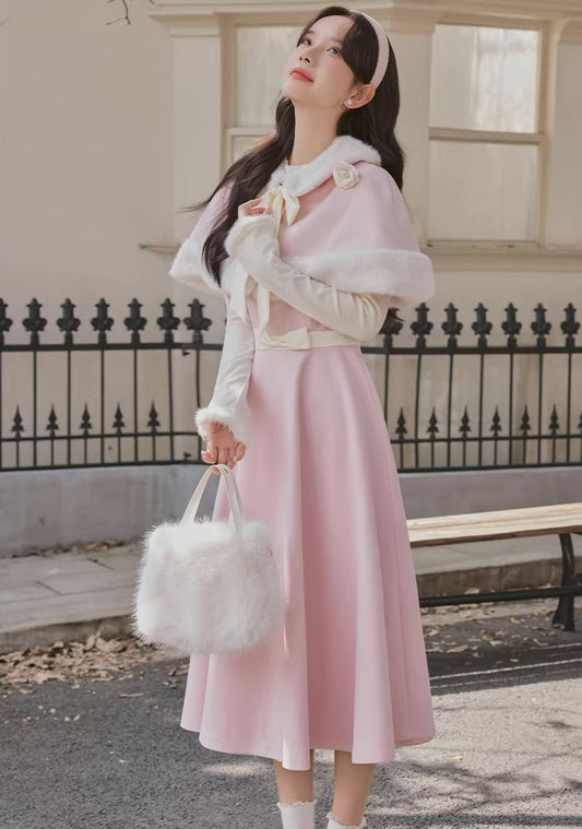 Cotton Candy Capelet & Midi Dress Set (Pink/White)