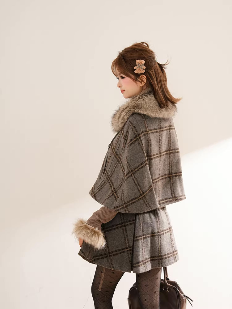 Library Plaid Capelet & Mini Skirt Set (Grey)