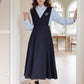 Corduroy Suede Midi Pinafore Dress & Blouse Set (Navy)