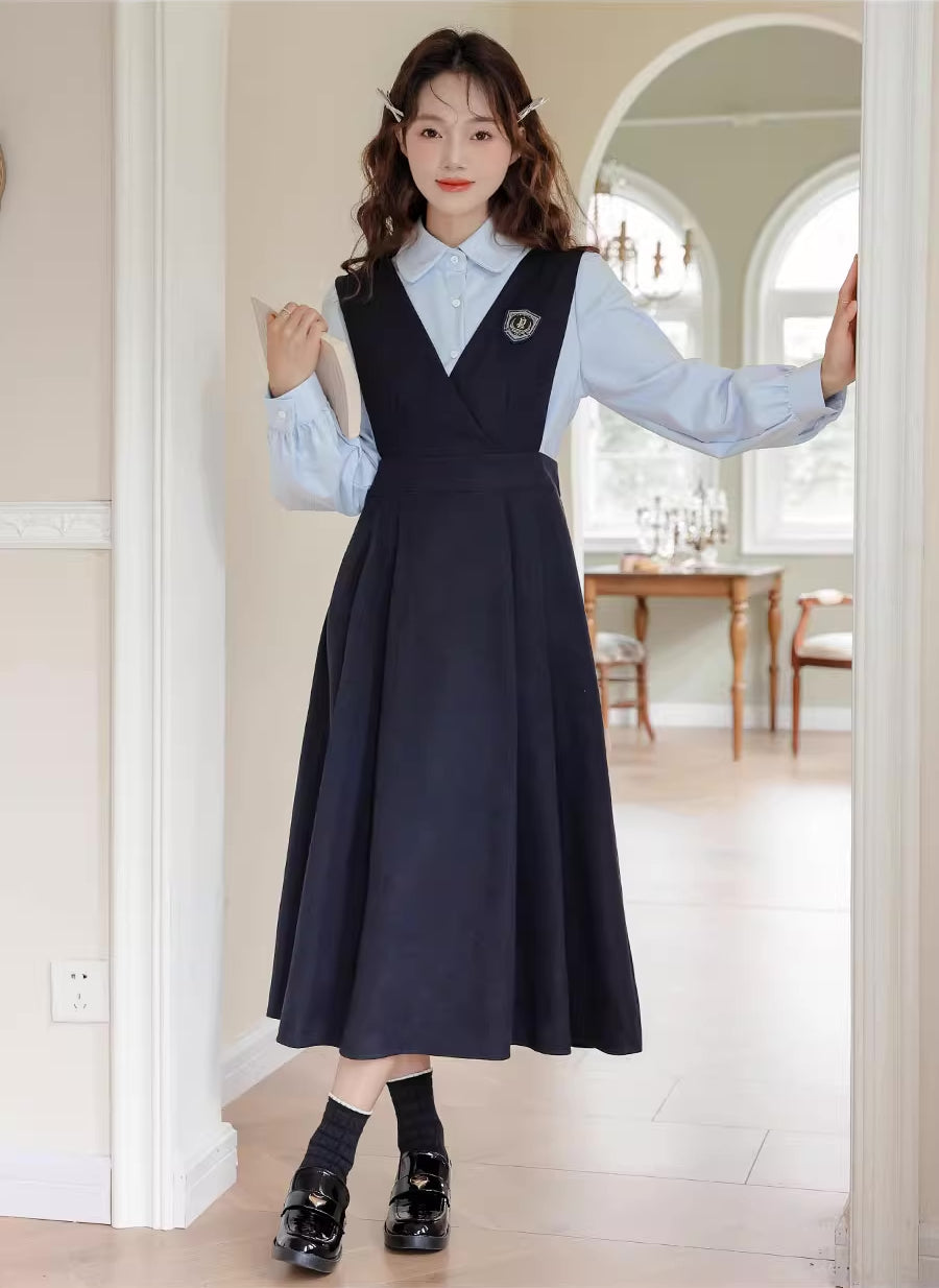 Corduroy Suede Midi Pinafore Dress & Blouse Set (Navy)