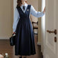 Corduroy Suede Midi Pinafore Dress & Blouse Set (Navy)