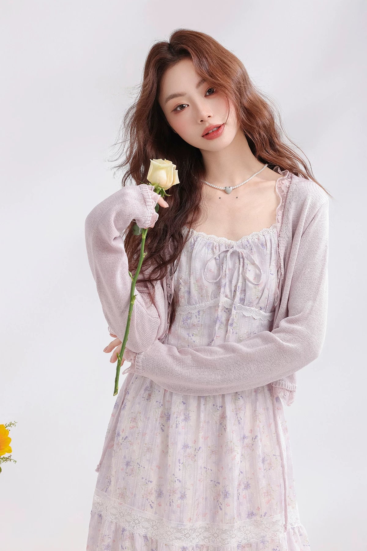 Iris Floral Lace Midi Cami Dress & Cardigan (Purple)