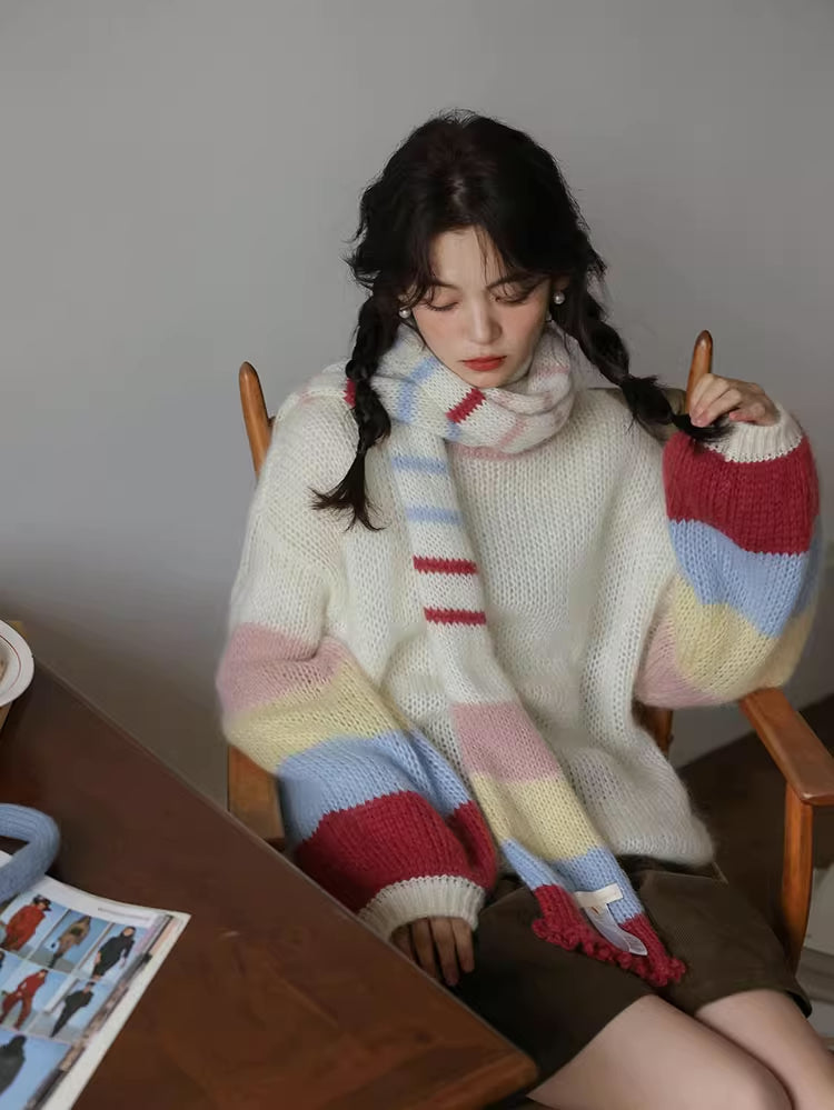 Rainbow Stripe Sleeves Sweater (White)