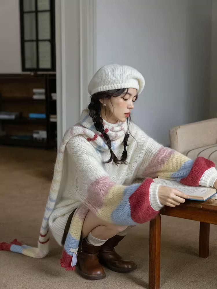 Rainbow Stripe Sleeves Sweater (White)