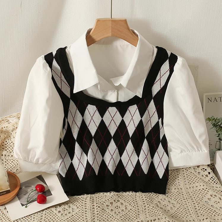 Argyle Plaid Twofer Cropped Blouse (4 Colors)