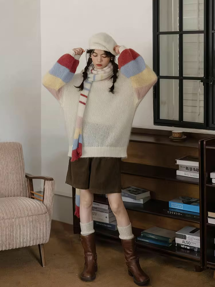 Rainbow Stripe Sleeves Sweater (White)