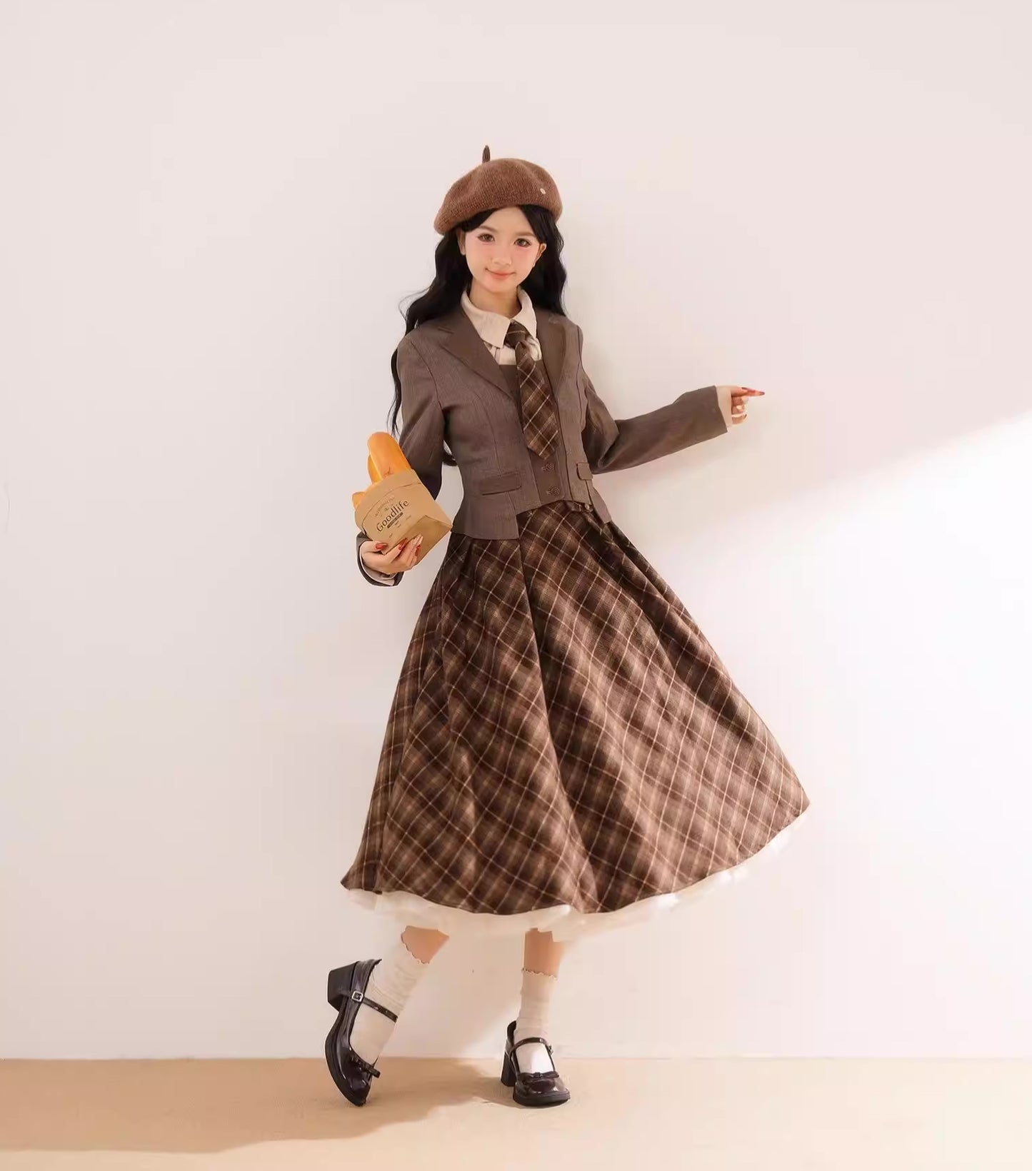 Newsgirl Plaid Suspender Skirt & Blouse Set (2 Colors)