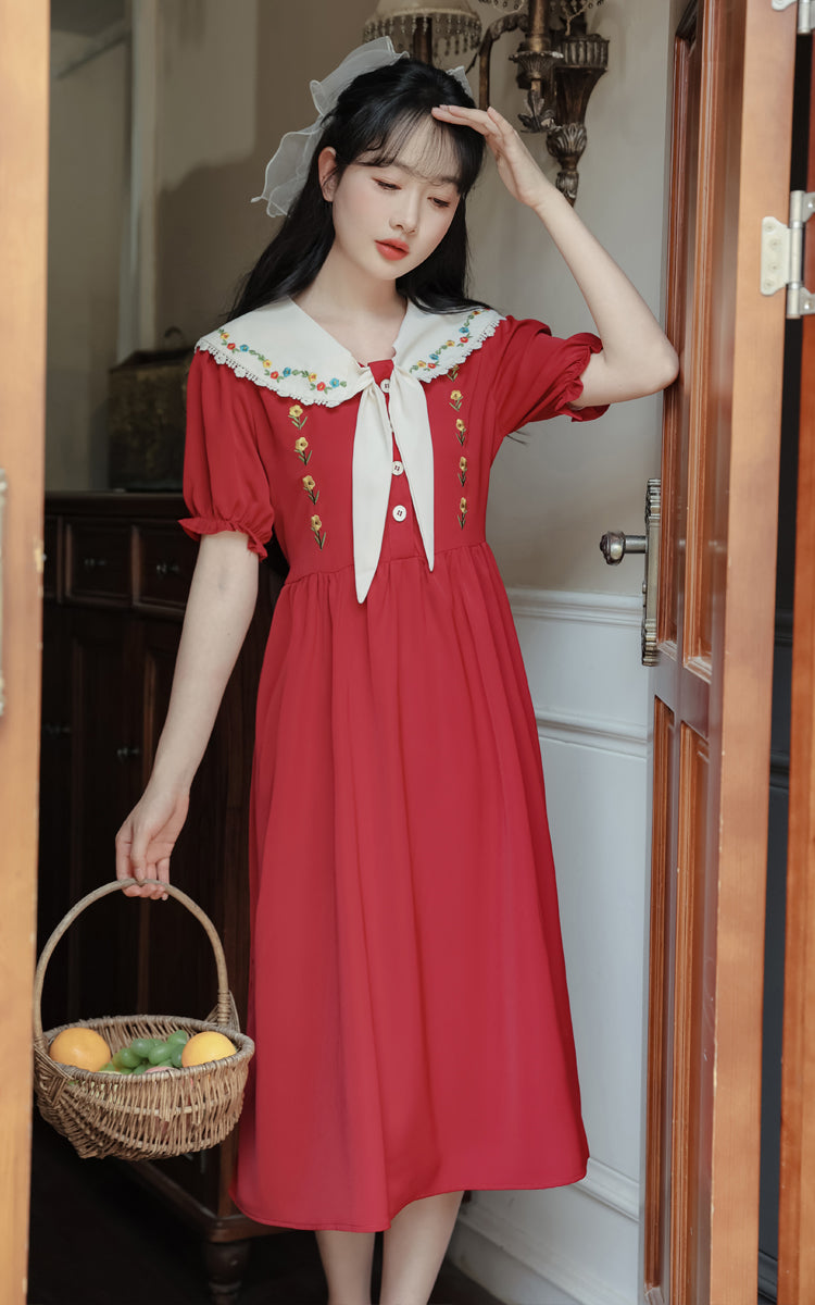 Floral Embroidered Sailor Midi Dress (Red)