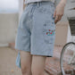 Flower Pocket Embroidered Shorts (Light Denim)