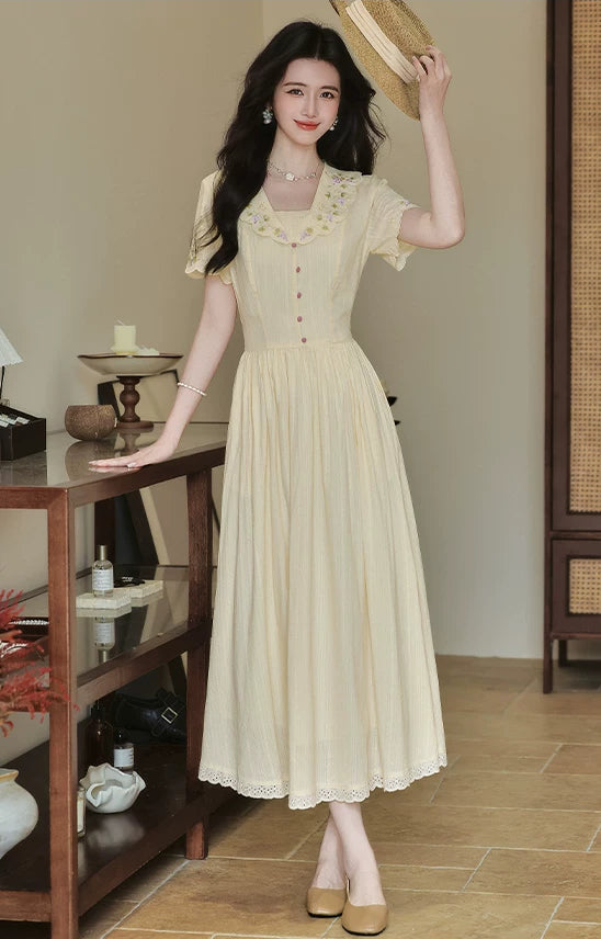 Grapevine Scallop Collar Midi Dress (Yellow)