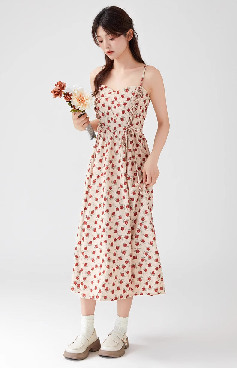 Lace Up Floral Cami Midi Dress (Beige/Red)