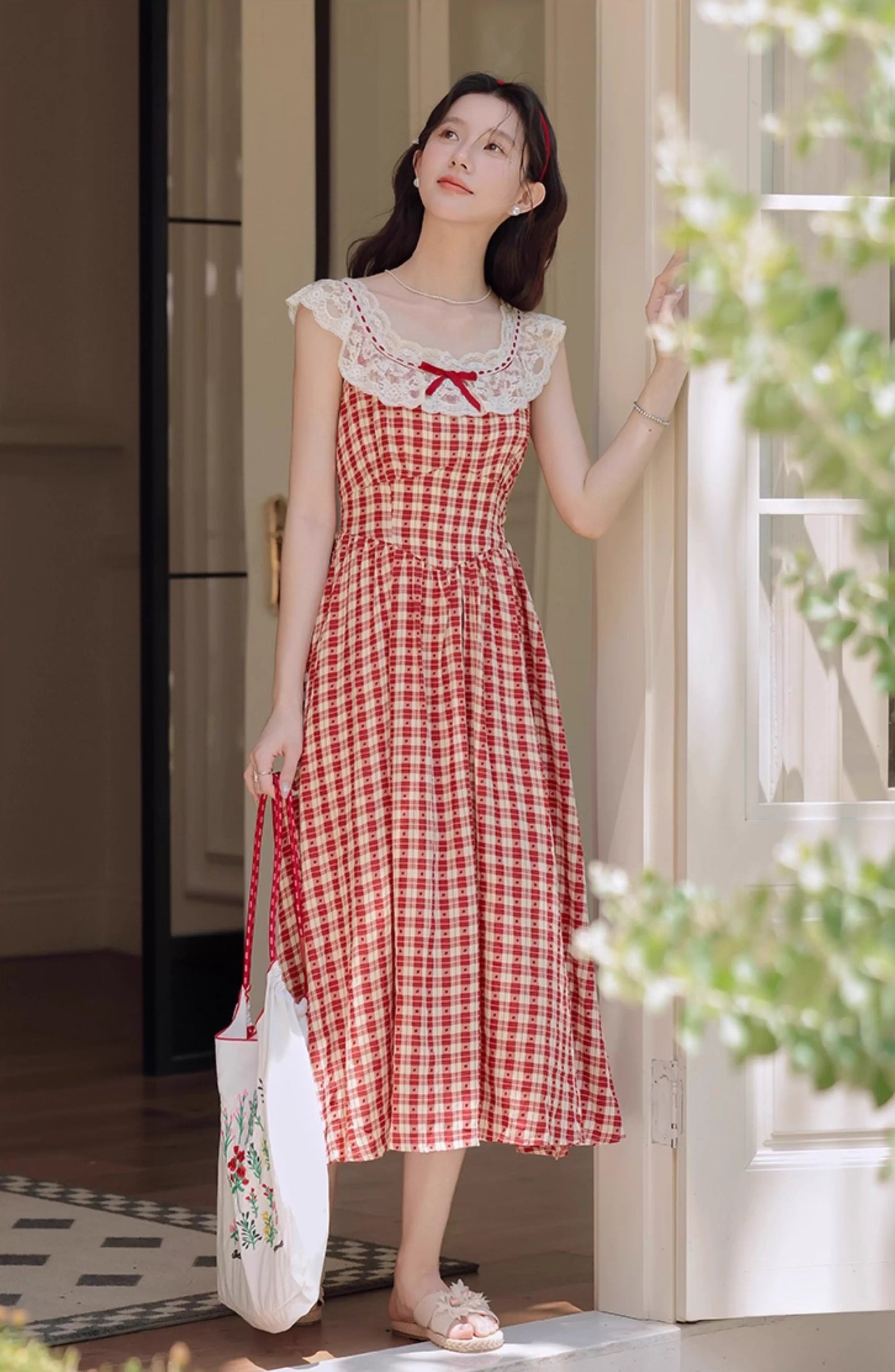 Picnic Plaid Sleeveless Midi Dress (Red)