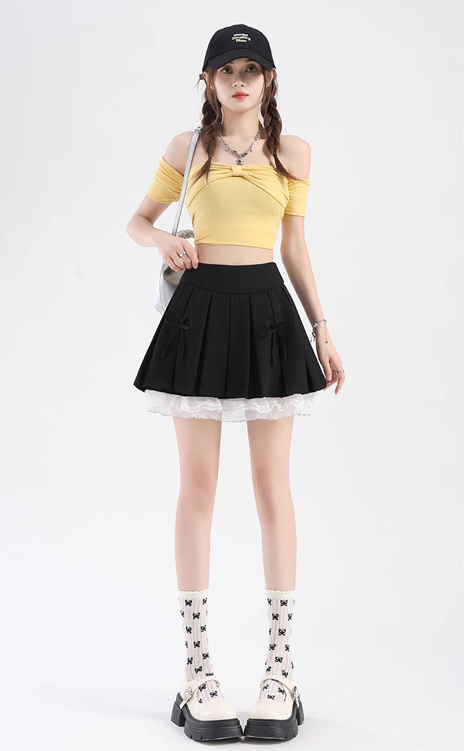 Bow Lace Pleated Mini Skirt (7 Colors)