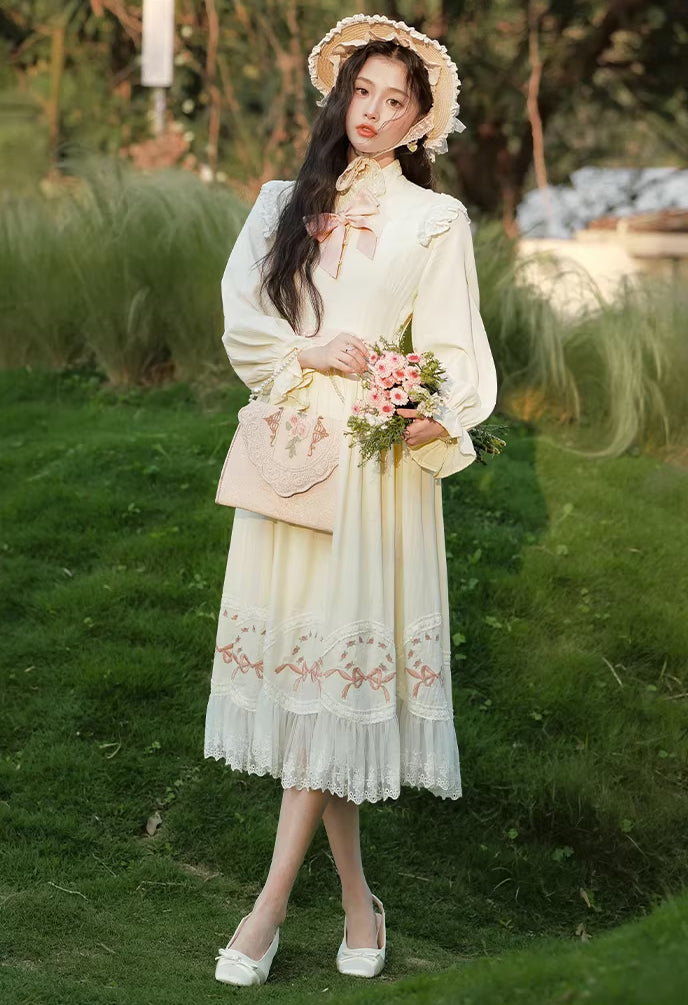Rosy Bows Midi Dress (White)