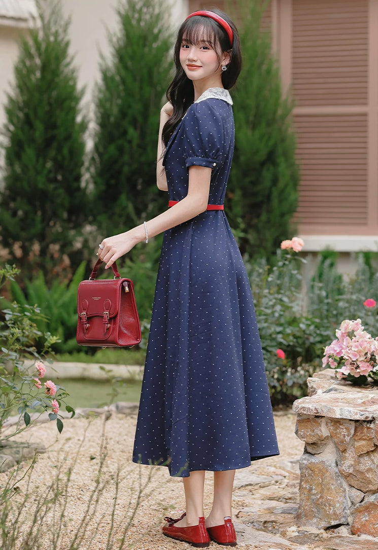 Miss Americana Polka Dot Midi Dress (Navy)