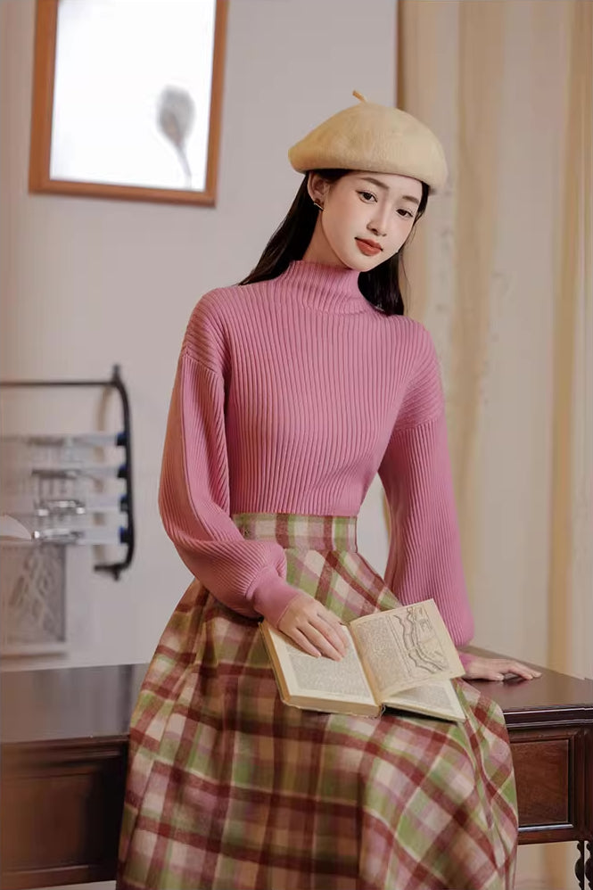 Strawberry Matcha Sweater & Midi Skirt Set (Pink/Green)