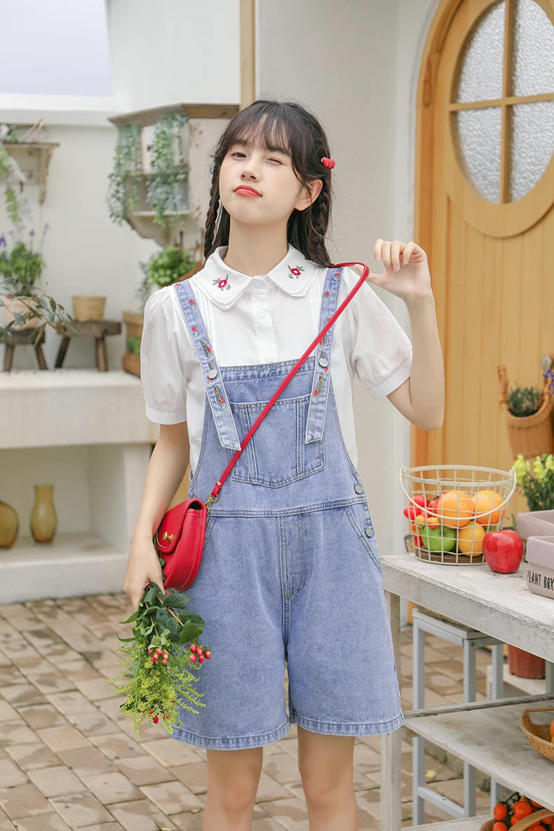 Rosy Days Embroidered Short Overalls (Light Denim)