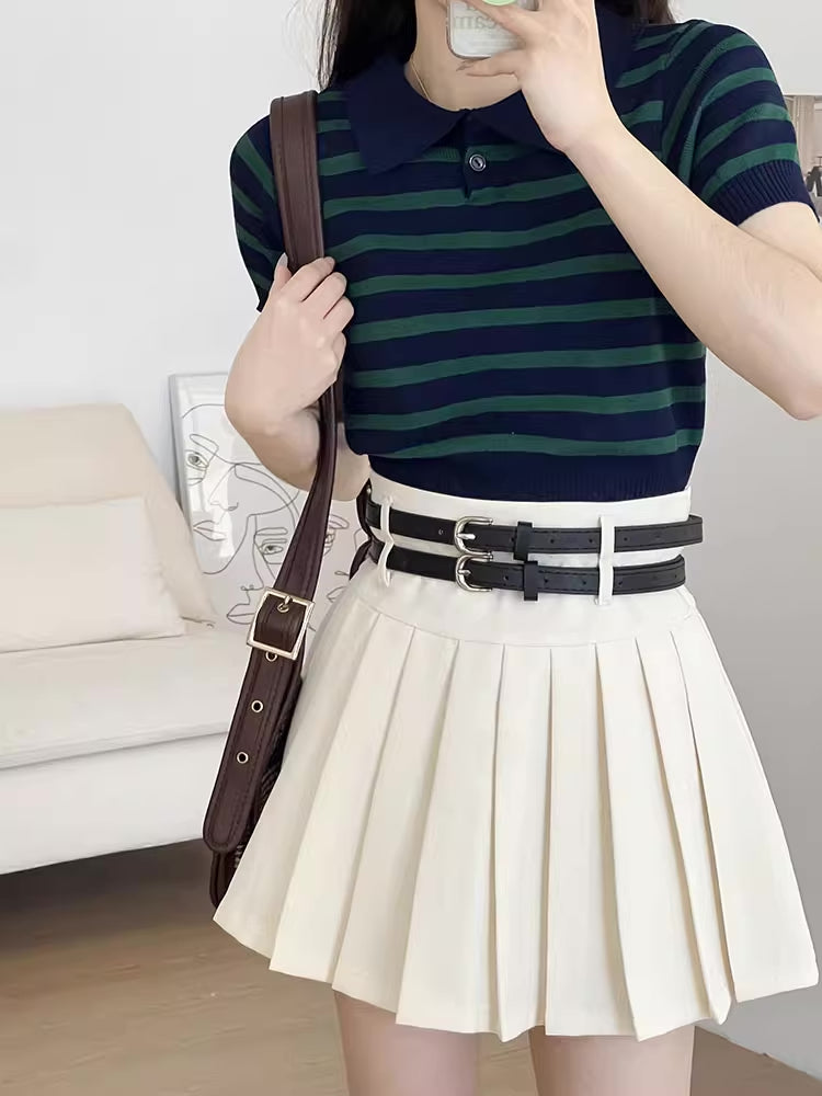 Double Belted Pleated Mini Skirt (5 Colors)