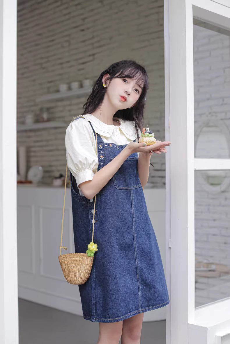 Flower Embroidered Mini Pinafore Dress (Dark Denim)