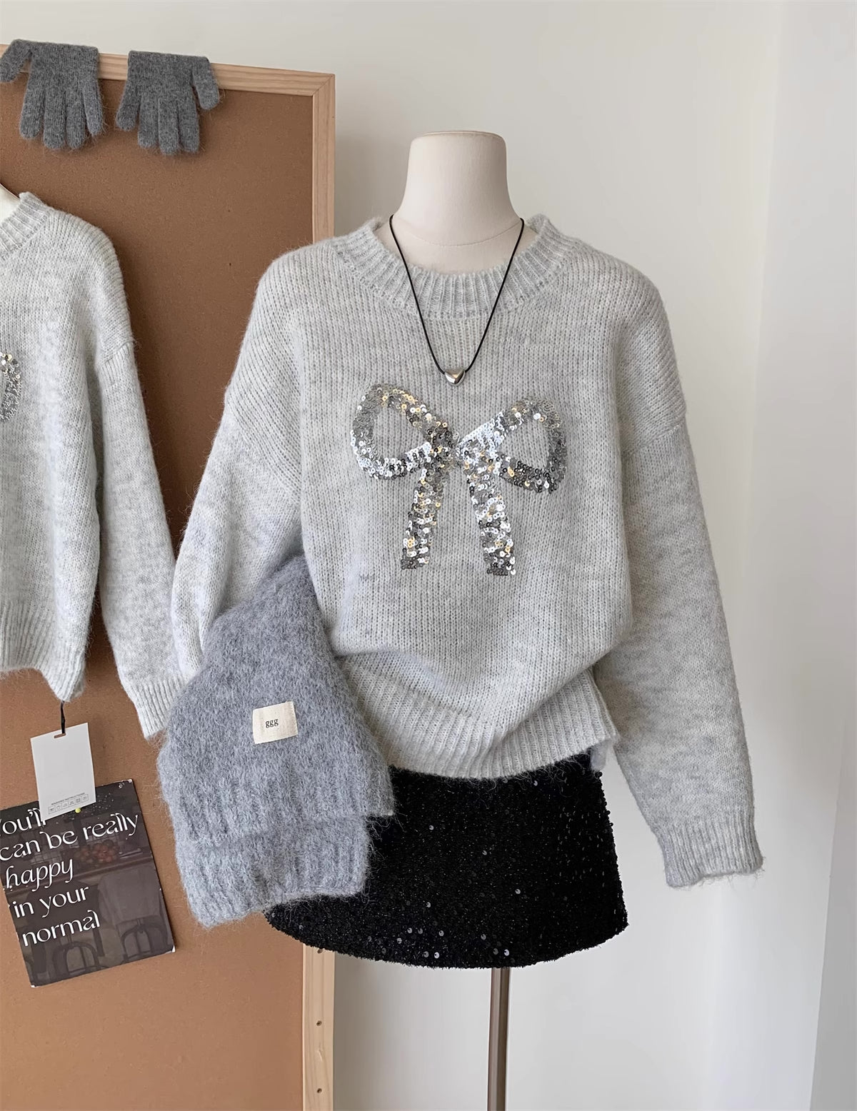 Sequin Bow Sweater (Grey)