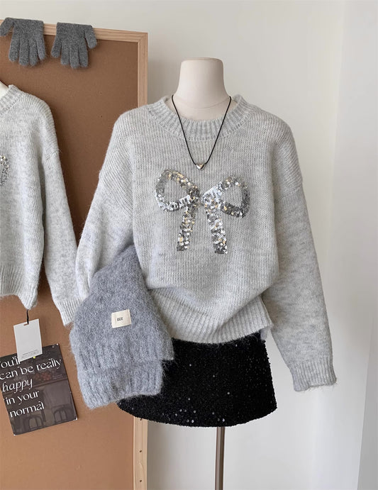 Sequin Bow Sweater (Grey)