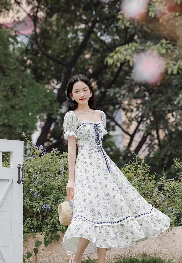 Porcelain Rose Lace Up Midi Dress (White/Blue)