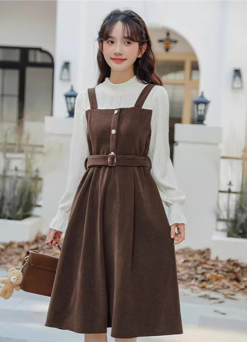 Corduroy Knit Belted Twofer Midi Dress (2 Colors) Brown / L