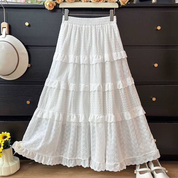 Broderie Tiered Midi Skirt (White)