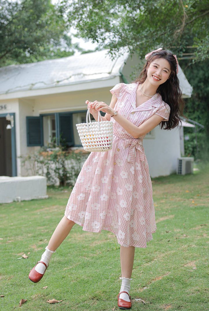 Gingham Daisy Shirt Dress (Pink)