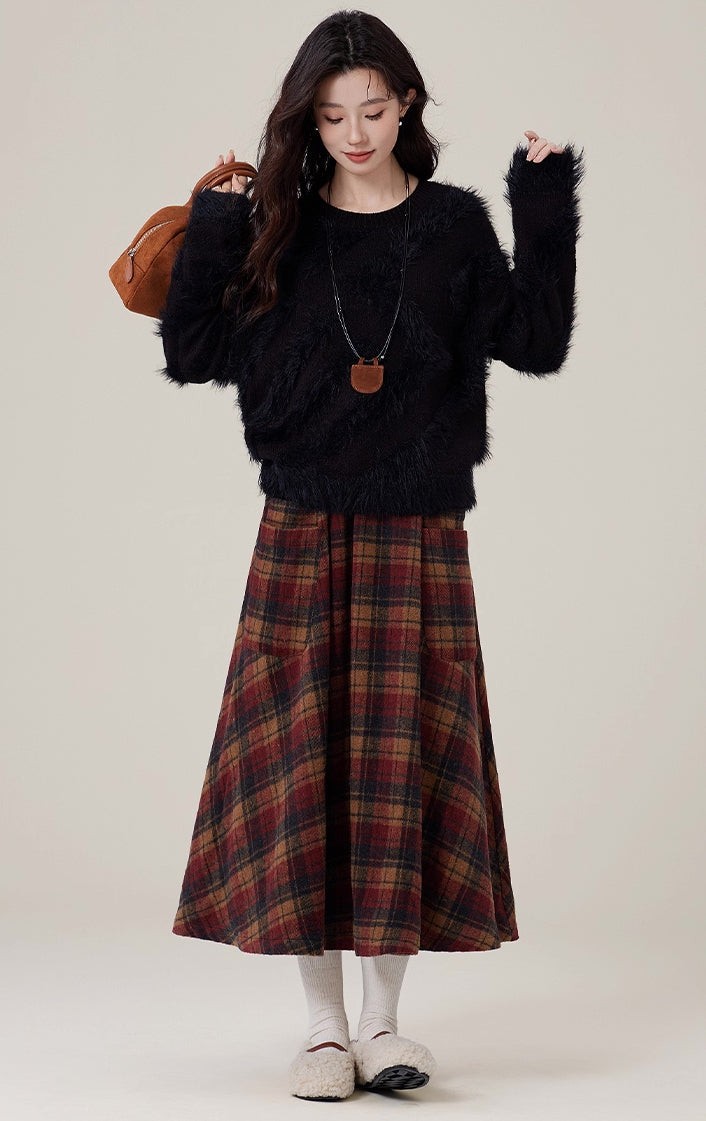 Bookshop Plaid Midi Skirt (Red/Khaki)