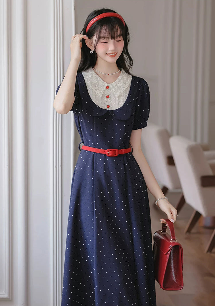 Miss Americana Polka Dot Midi Dress (Navy)