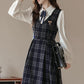 Oxford Plaid Midi Pinafore & Blouse Set (Navy)