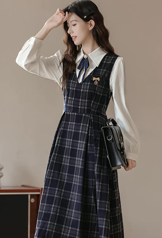 Oxford Plaid Midi Pinafore & Blouse Set (Navy)