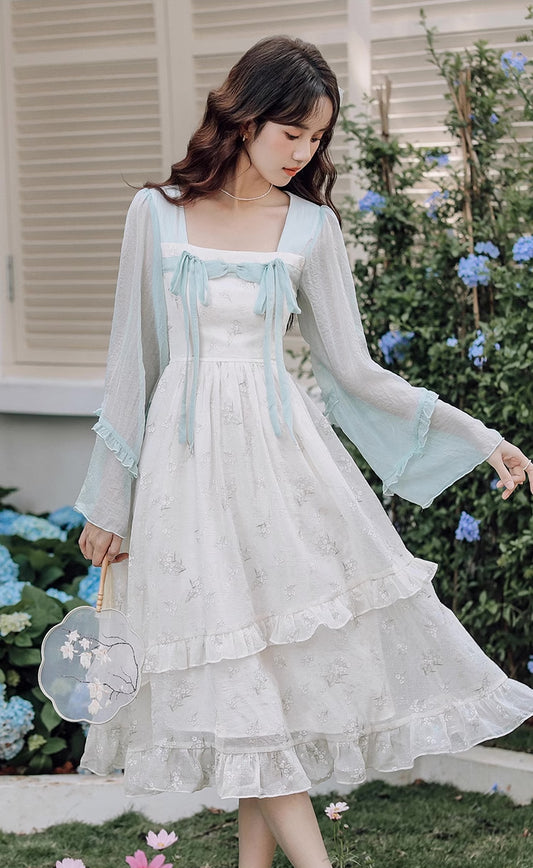 Sakura Hanfu Midi Dress (White/Blue)