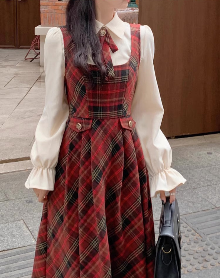 Merry Plaid Midi Pinafore Dress (Red)