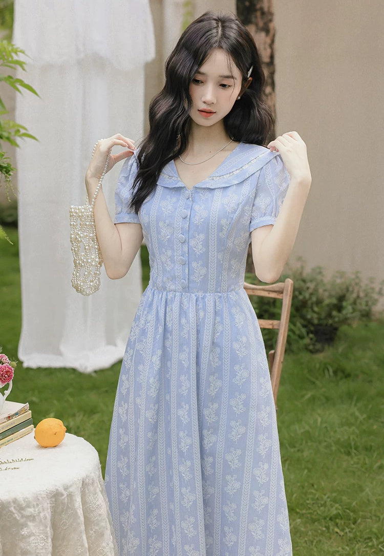 Floral Stripe Midi Dress (Blue)