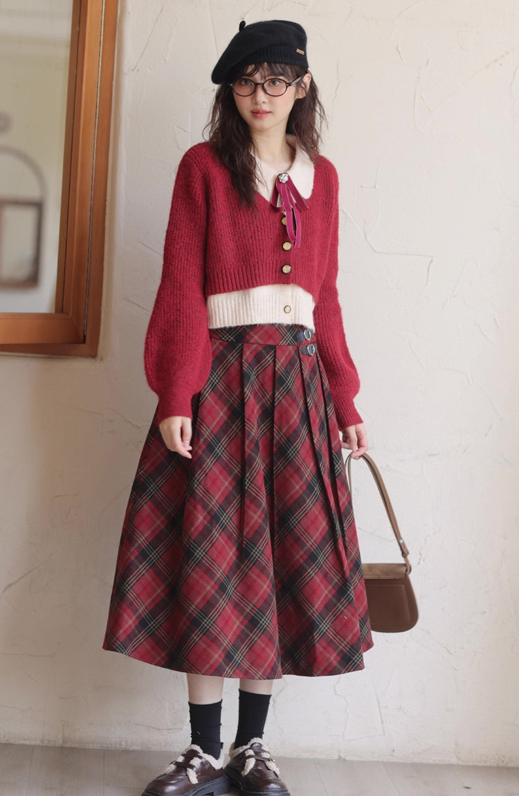 Merry Plaid Midi Skirt (Red)