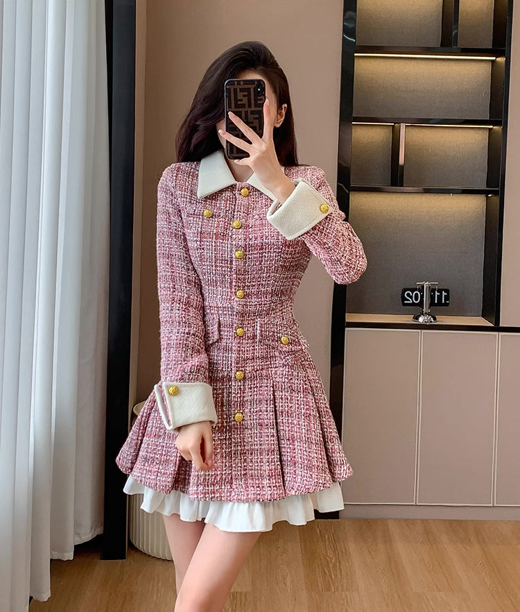 Flirty Plaid Tweed Mini Dress (Pink)