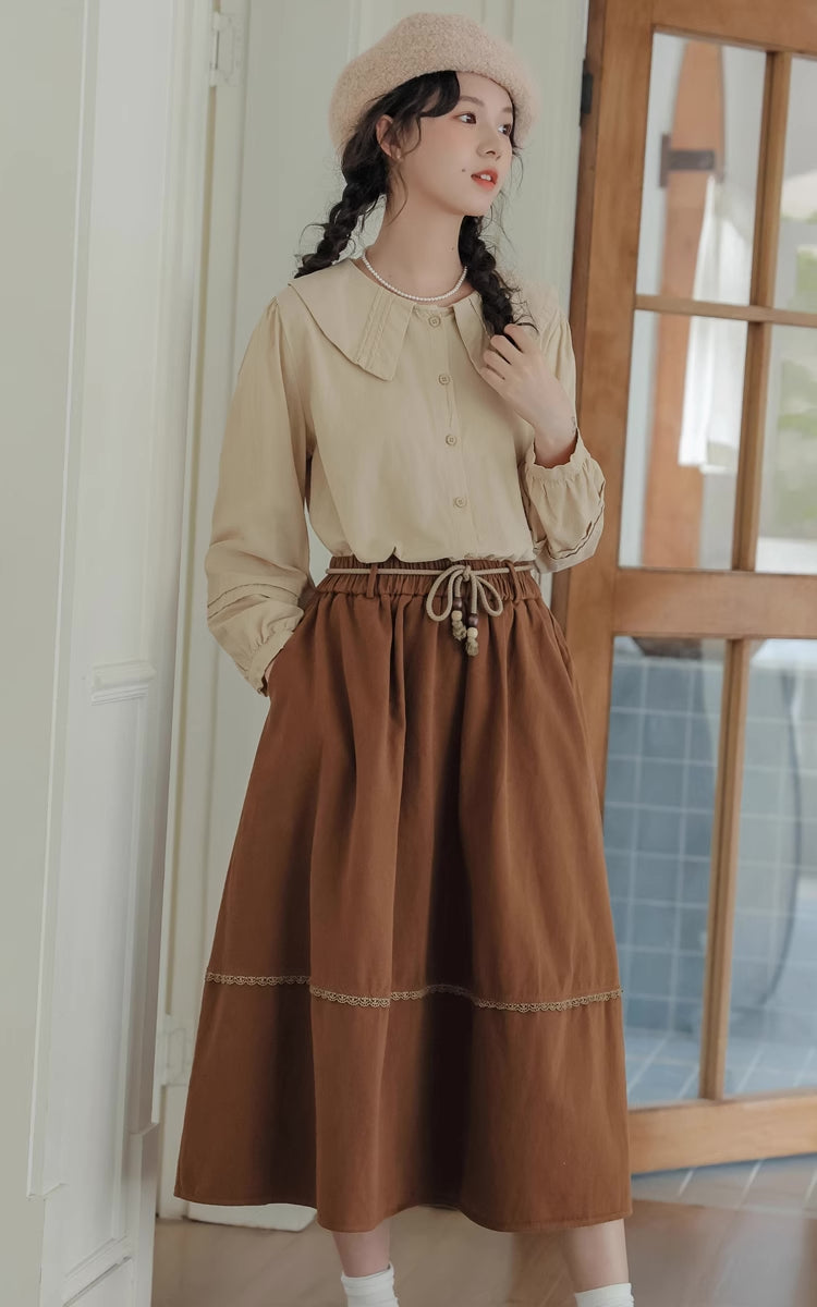 Drawstring Midi Skirt (Brown)