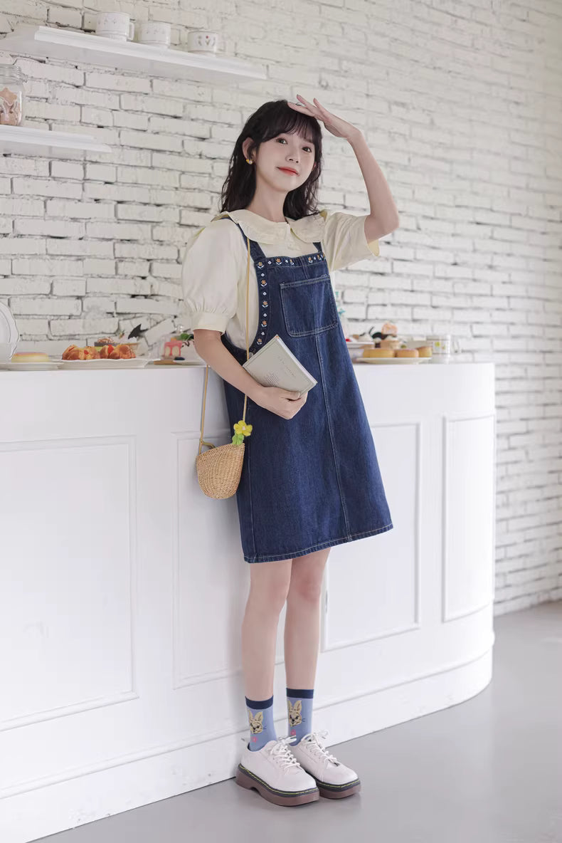 Flower Embroidered Mini Pinafore Dress (Dark Denim)