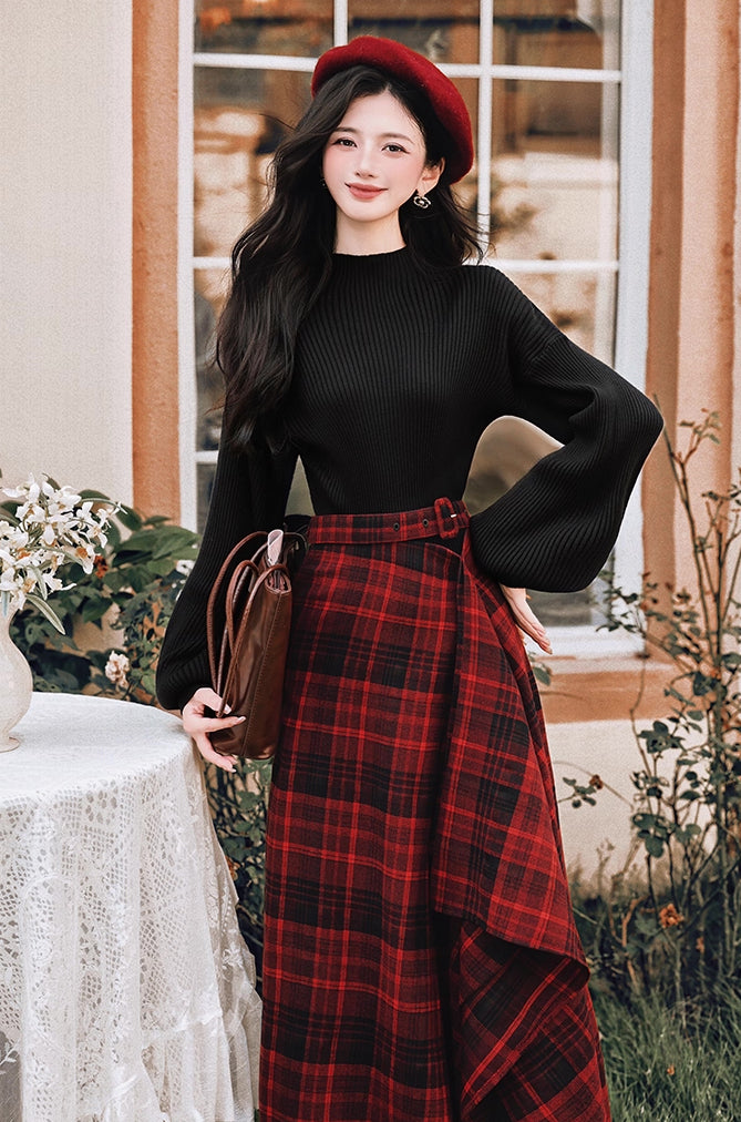 Lingonberry Plaid Asymmetrical Midi Skirt (Red/Black)