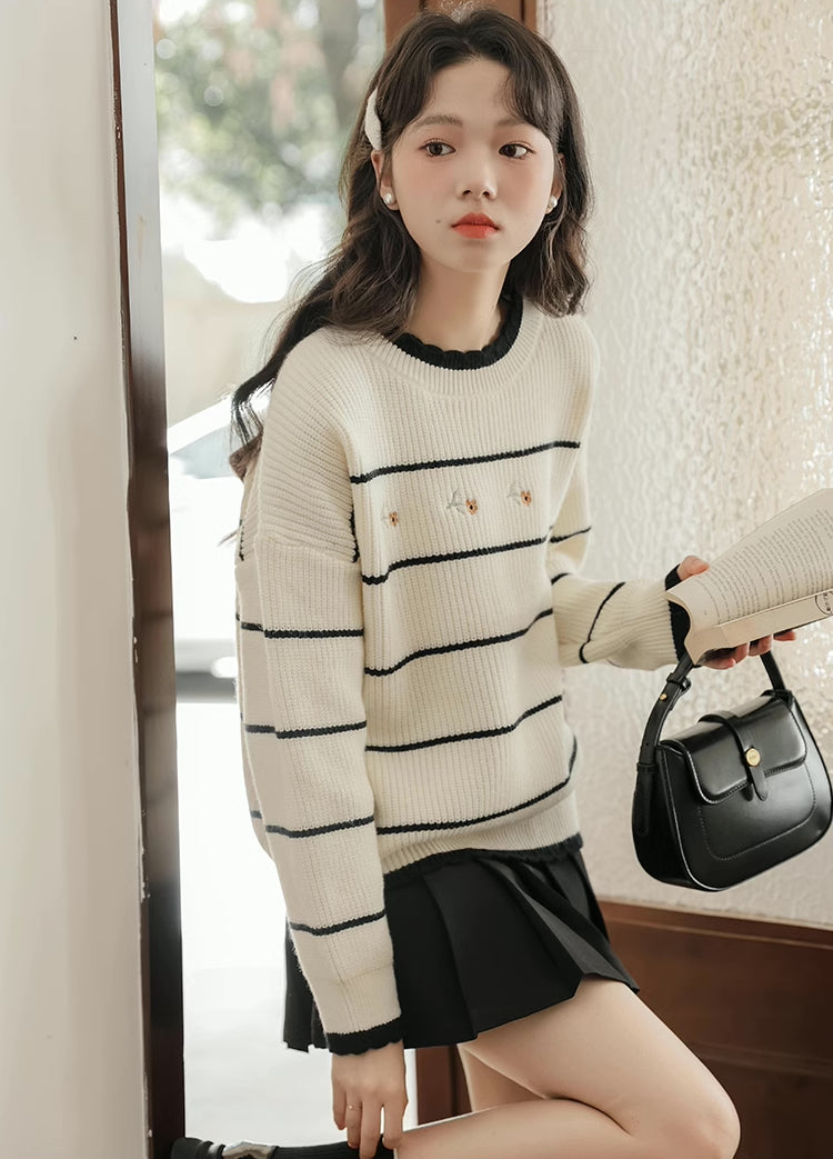 Emily Floral Stripe Sweater (White/Black)